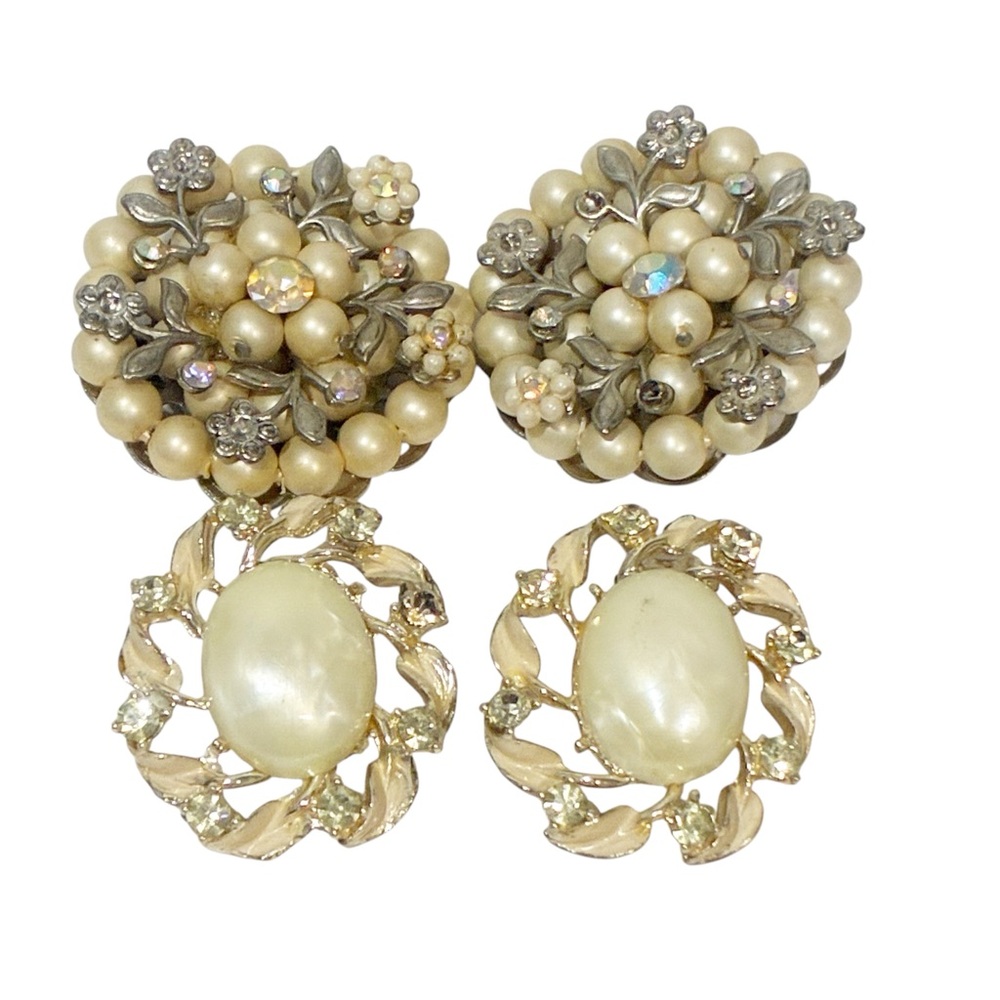 Vintage Silver Gold Tone Faux Pearl Clip on Earring‎ Bundle Lot of 2